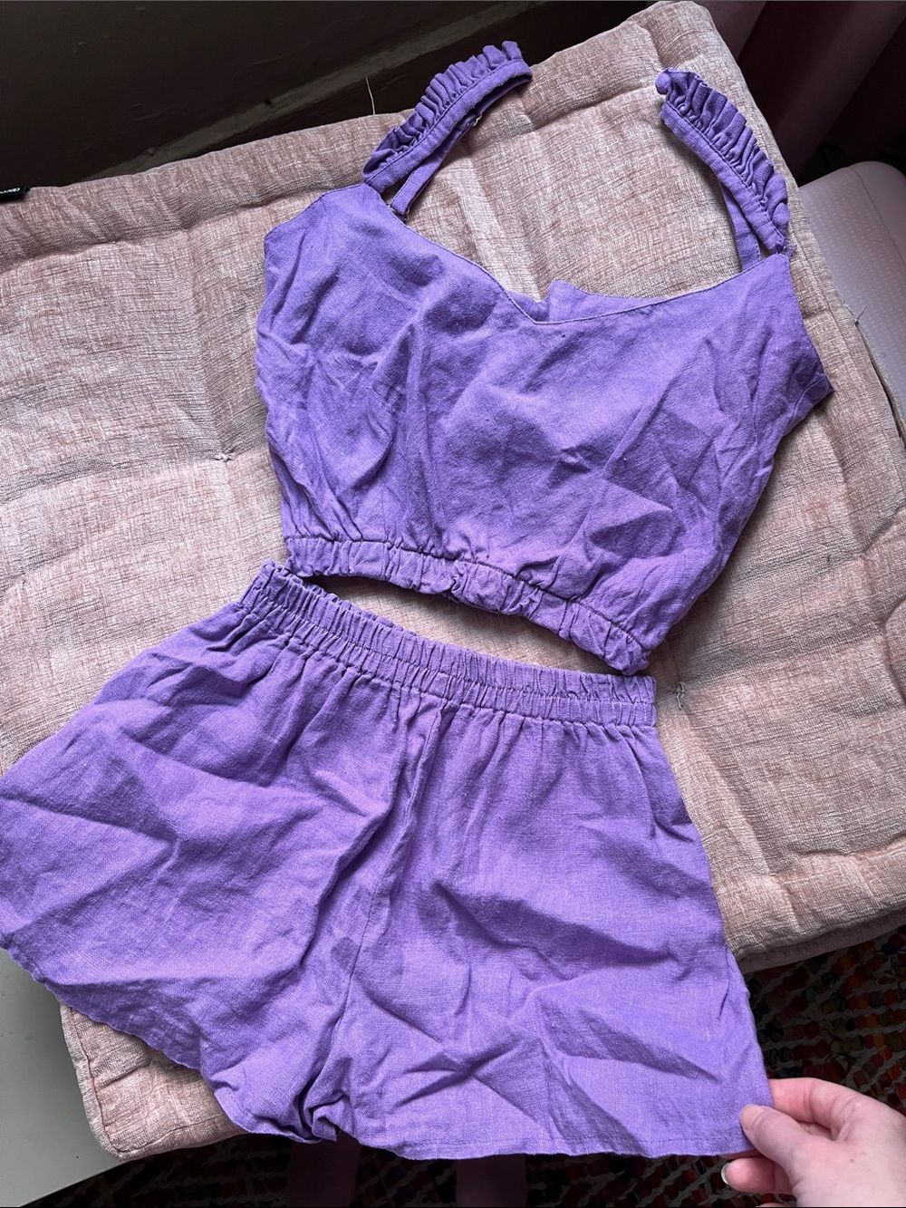 BELGIUM LINEN PURPLE CROP TOP AND SHORTS SET FESTIVAL FAIRY CORE SLEEP LOUNGE